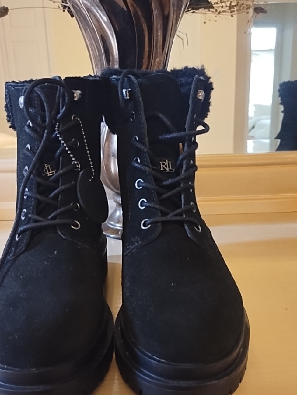 Lauren Ralph Lauren Black Faux-Fur Trim Lace-Up Boots